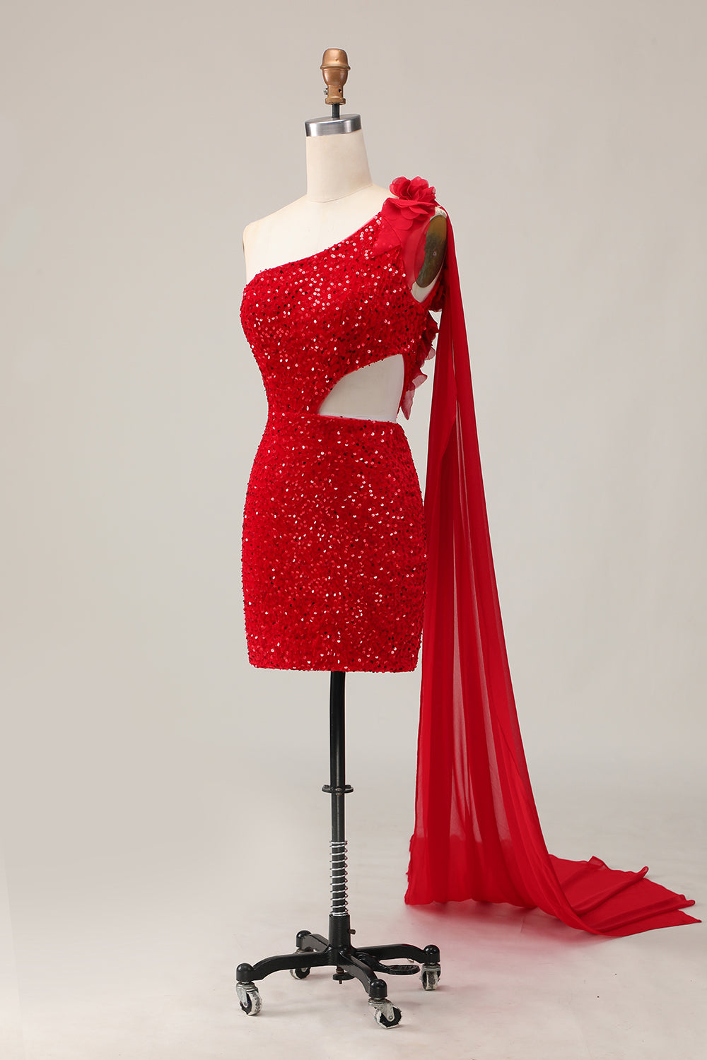 One Shoulder Red Sequined Cut-Out Bodycon Homecoming Dress With Streamer