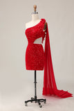 One Shoulder Red Sequined Cut-Out Bodycon Homecoming Dress With Streamer