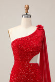 One Shoulder Red Sequined Cut-Out Bodycon Homecoming Dress With Streamer
