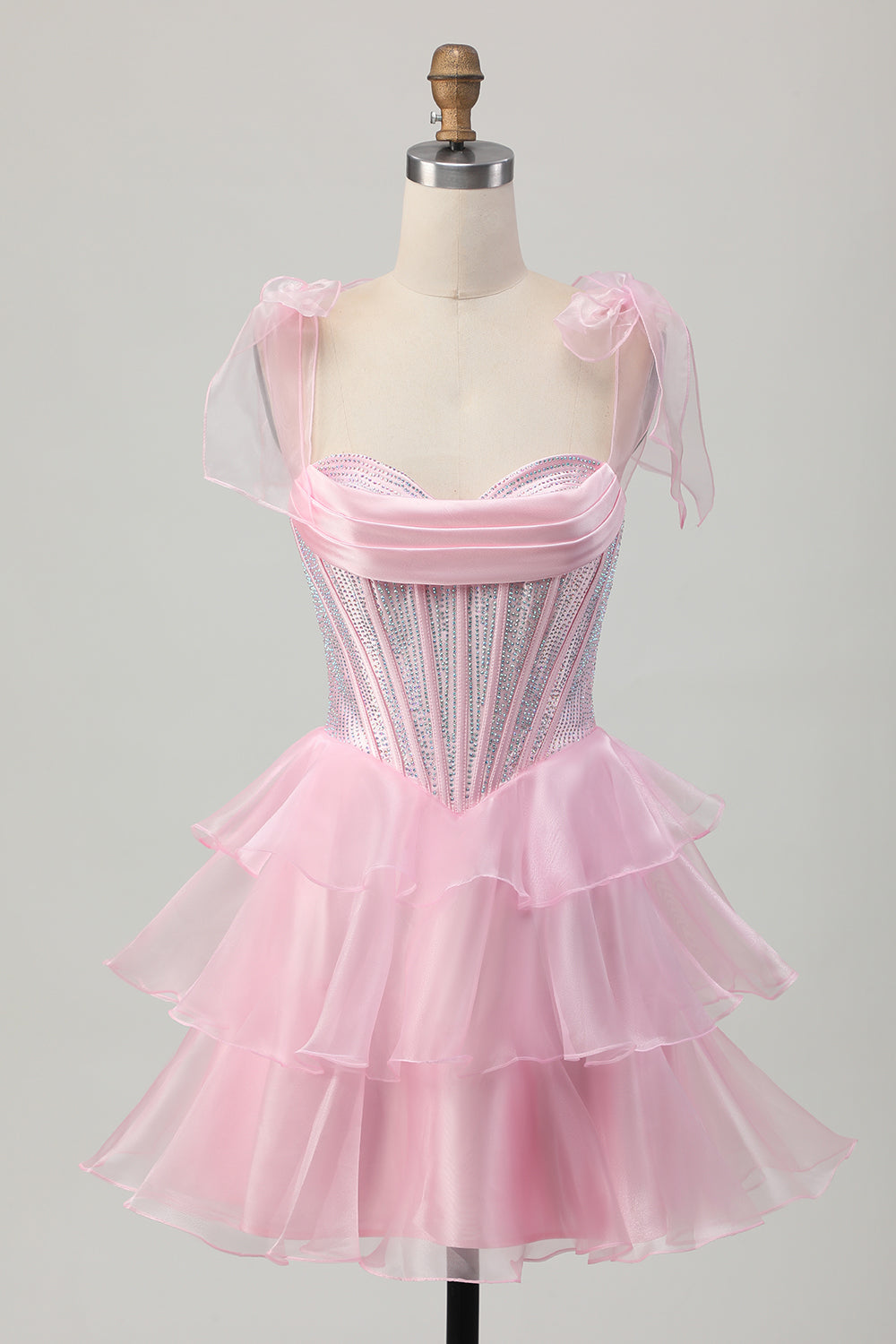 Cute Corset Bow Straps Tiered Pink Homecoming Dress with Beading