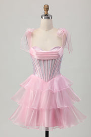 Cute Corset Bow Straps Tiered Pink Homecoming Dress with Beading
