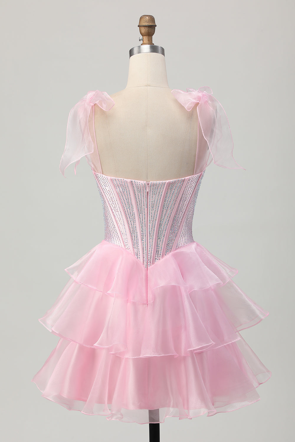 Cute Corset Bow Straps Tiered Pink Homecoming Dress with Beading