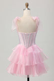 Cute Corset Bow Straps Tiered Pink Homecoming Dress with Beading