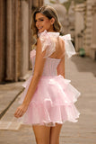 Cute Corset Bow Straps Tiered Pink Homecoming Dress with Beading
