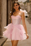 Beaded Corset A-Line Pink Homecoming Dress With Ruffles