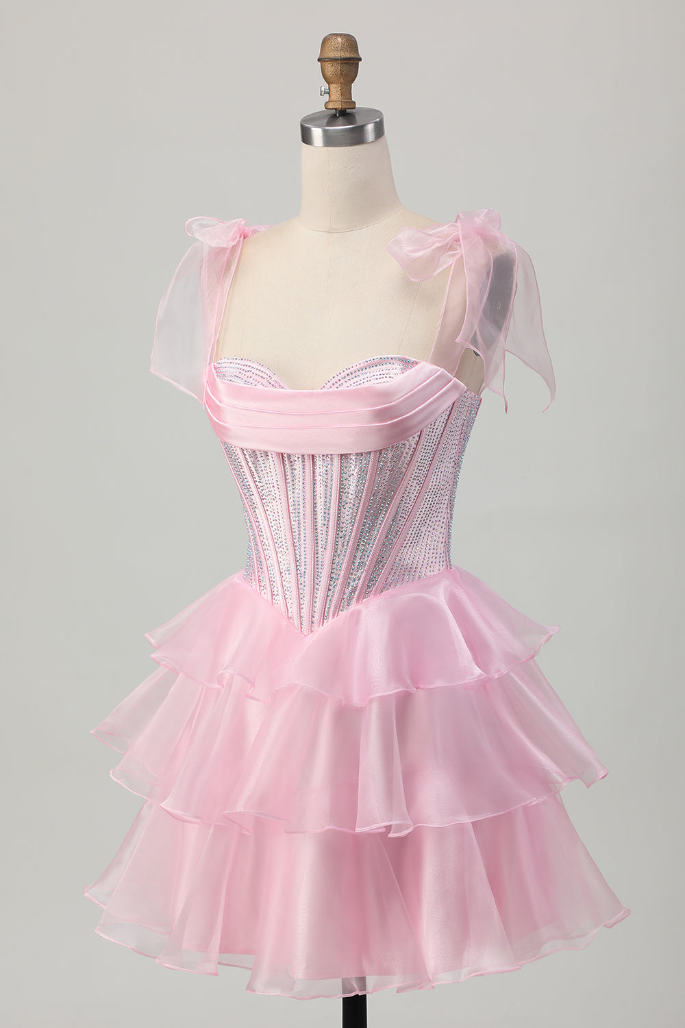 Cute Corset Bow Straps Tiered Pink Homecoming Dress with Beading