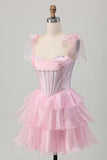 Cute Corset Bow Straps Tiered Pink Homecoming Dress with Beading