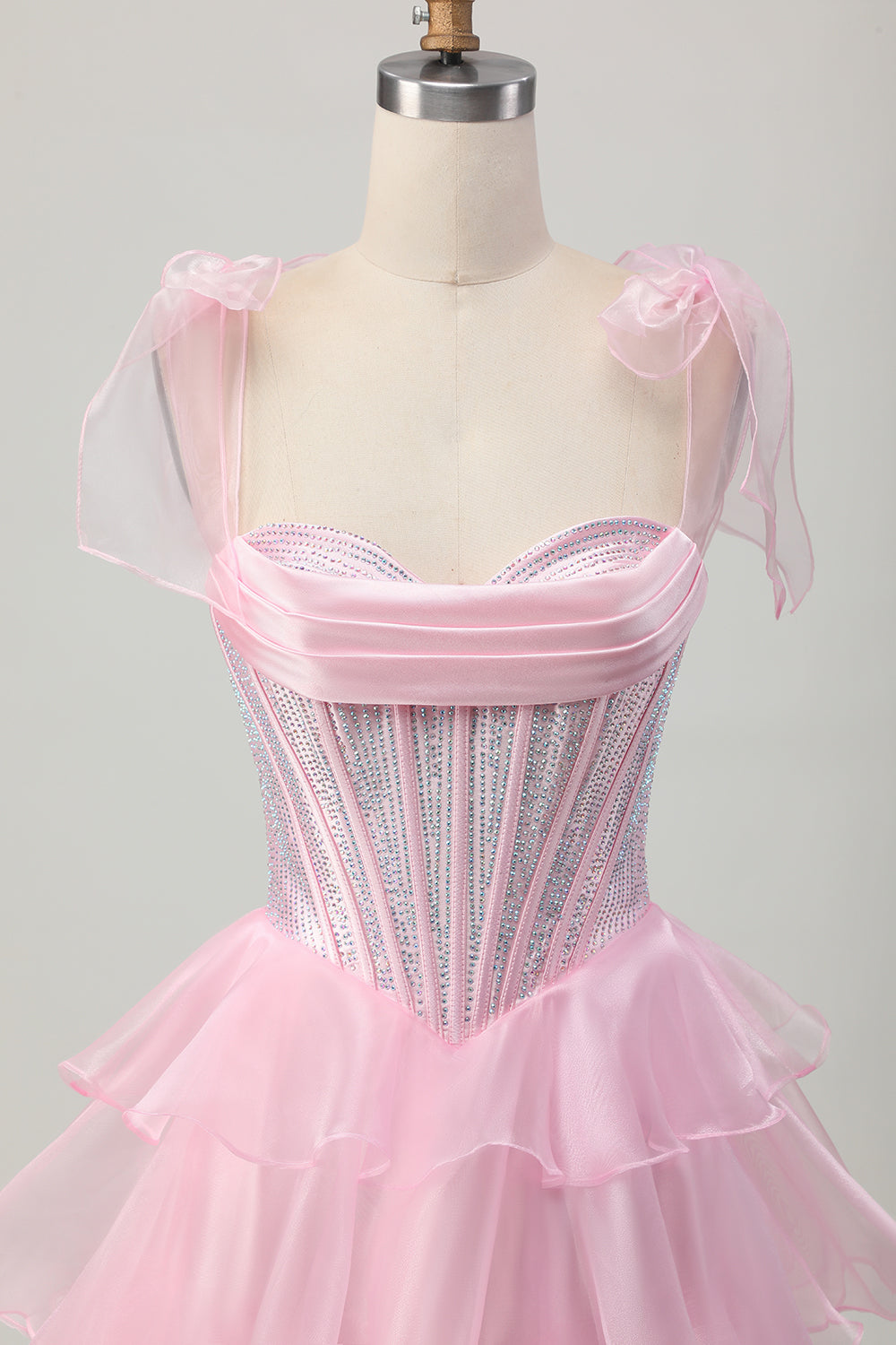 Cute Corset Bow Straps Tiered Pink Homecoming Dress with Beading