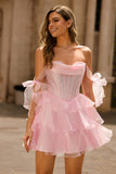 Beaded Corset A-Line Pink Homecoming Dress With Ruffles