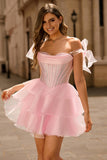 Beaded Corset A-Line Pink Homecoming Dress With Ruffles