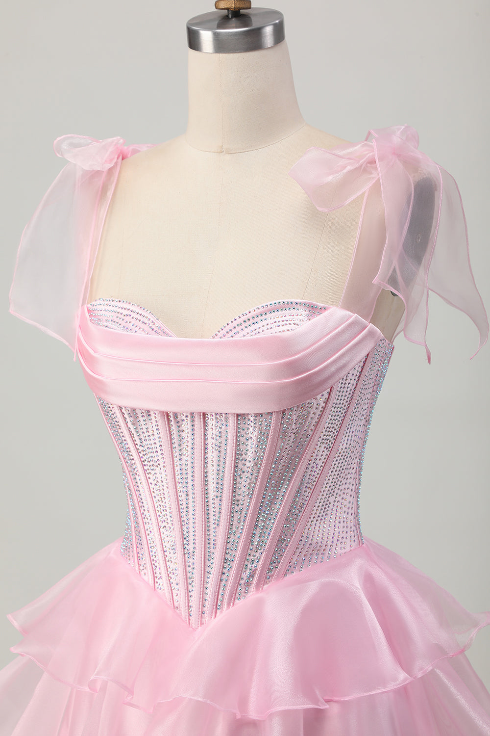 Cute Corset Bow Straps Tiered Pink Homecoming Dress with Beading
