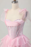 Cute Corset Bow Straps Tiered Pink Homecoming Dress with Beading