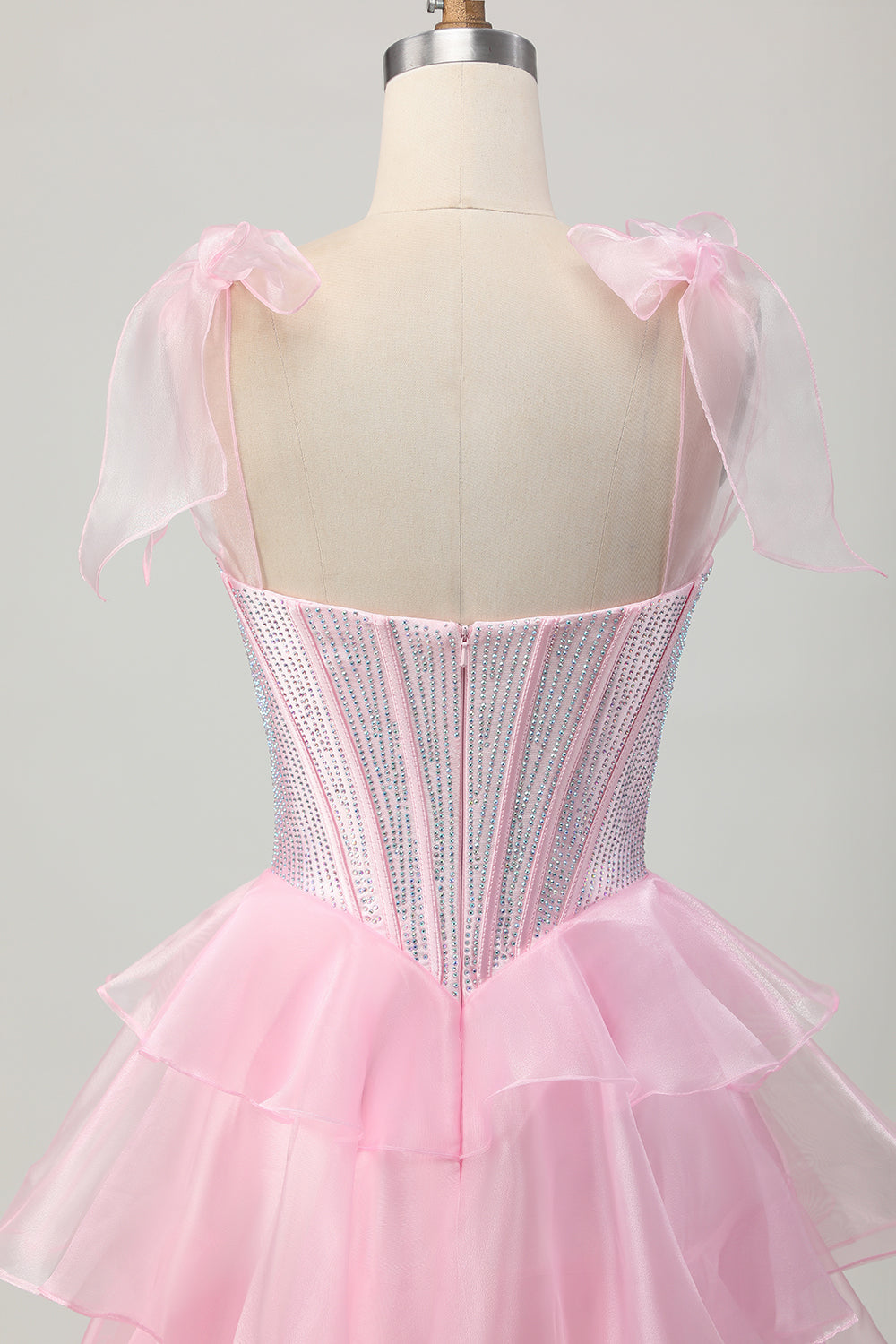 Cute Corset Bow Straps Tiered Pink Homecoming Dress with Beading