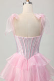 Cute Corset Bow Straps Tiered Pink Homecoming Dress with Beading