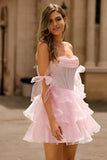 Beaded Corset A-Line Pink Homecoming Dress With Ruffles