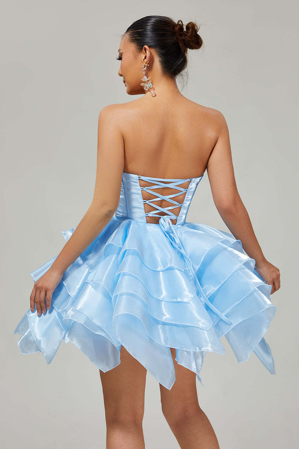 Corset A Line Tiered Strapless Pink Homecoming Dress with Lace Up Back