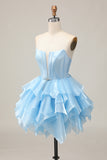Blue A-Line Strapless Tiered Ruffle Homecoming Dress