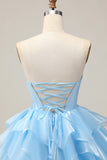 Blue A-Line Strapless Tiered Ruffle Homecoming Dress