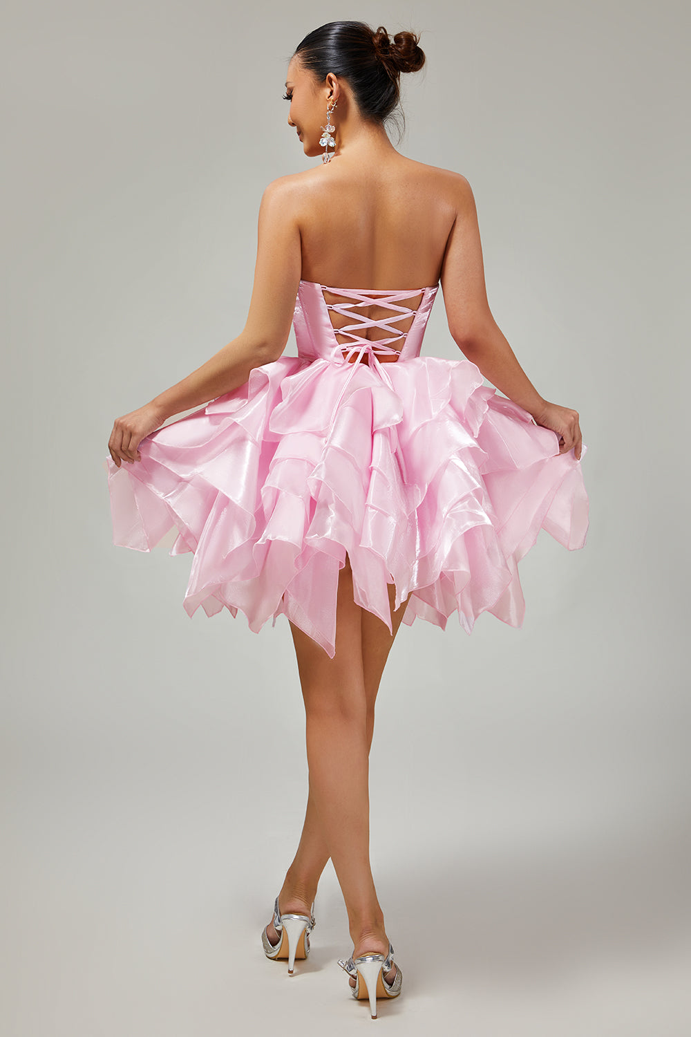 Corset A Line Tiered Strapless Pink Homecoming Dress with Lace Up Back