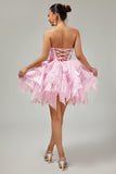 Corset A Line Tiered Strapless Pink Homecoming Dress with Lace Up Back