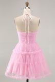 Glitter Halter A-Line Cut-Out Pink Homecoming Dress