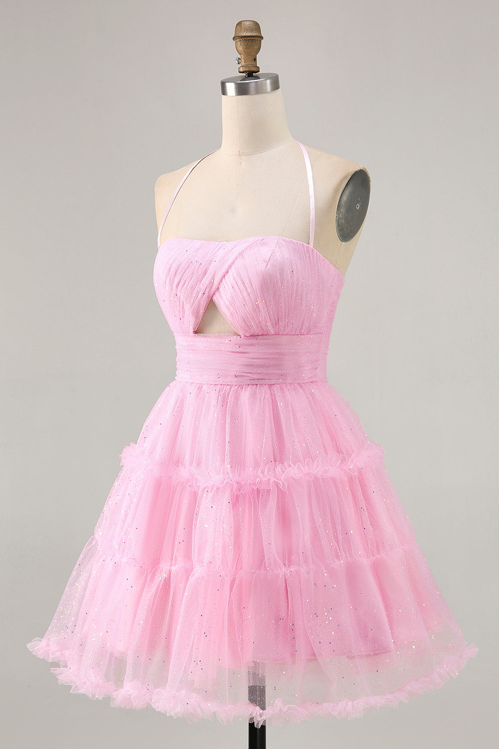 Glitter Halter A-Line Cut-Out Pink Homecoming Dress