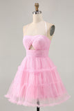 Glitter Halter A-Line Cut-Out Pink Homecoming Dress