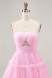 Glitter Halter A-Line Cut-Out Pink Homecoming Dress