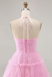 Glitter Halter A-Line Cut-Out Pink Homecoming Dress