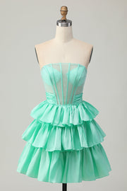 Corset Green A Line Tiered Beaded Strapless Homecoming Dress with Bow