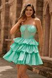 Green A-Line Corset Beaded Tiered Ruffle Strapless Homecoming Dress