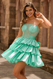 Green A-Line Corset Beaded Tiered Ruffle Strapless Homecoming Dress