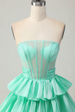 Corset Green A Line Tiered Beaded Strapless Homecoming Dress with Bow
