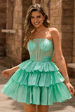 Green A-Line Corset Beaded Tiered Ruffle Strapless Homecoming Dress