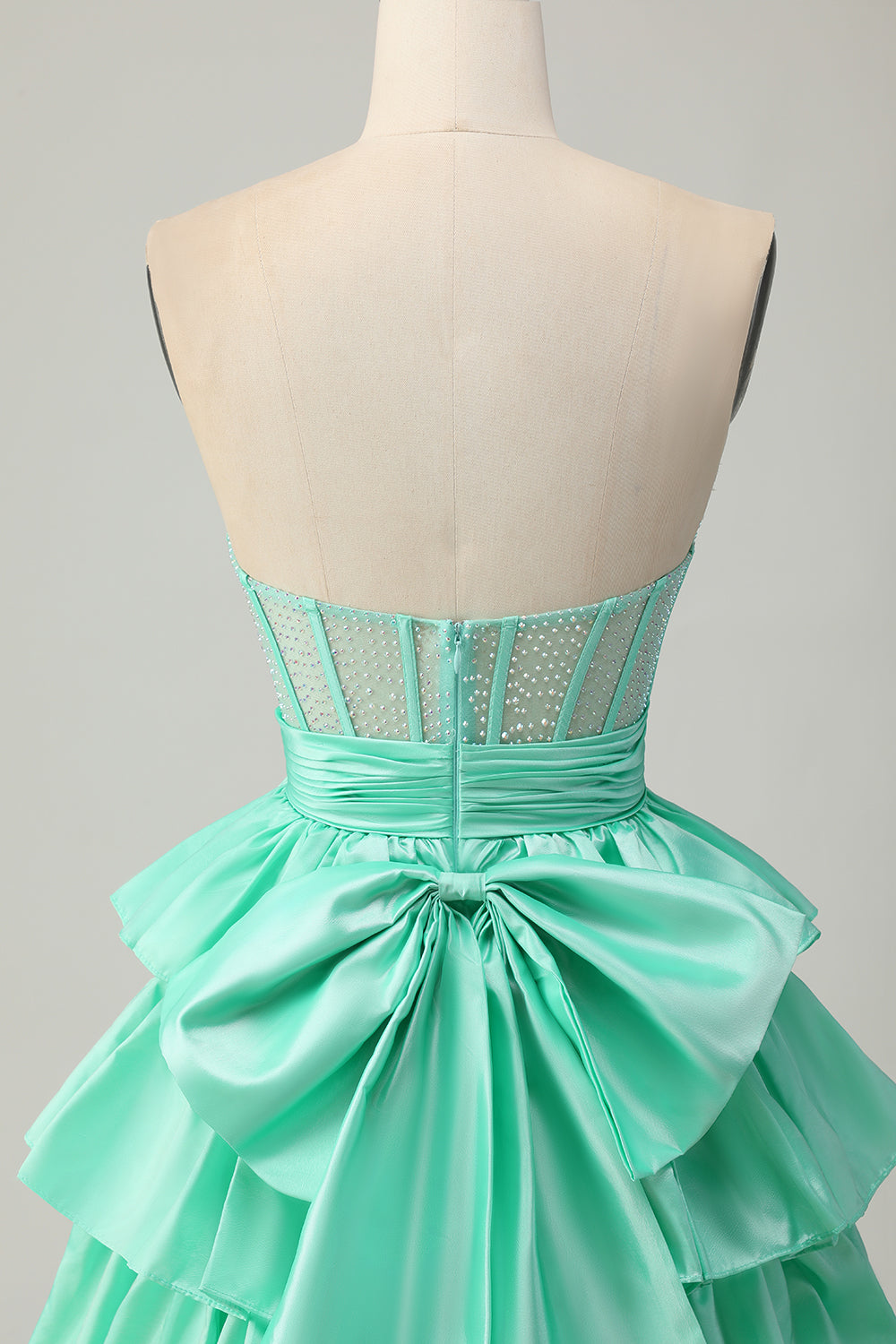 Corset Green A Line Tiered Beaded Strapless Homecoming Dress with Bow