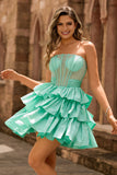 Green A-Line Corset Beaded Tiered Ruffle Strapless Homecoming Dress