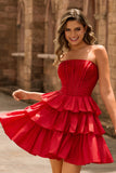 Strapless Red Tiered Corset A-Line Homecoming Dress With Beading