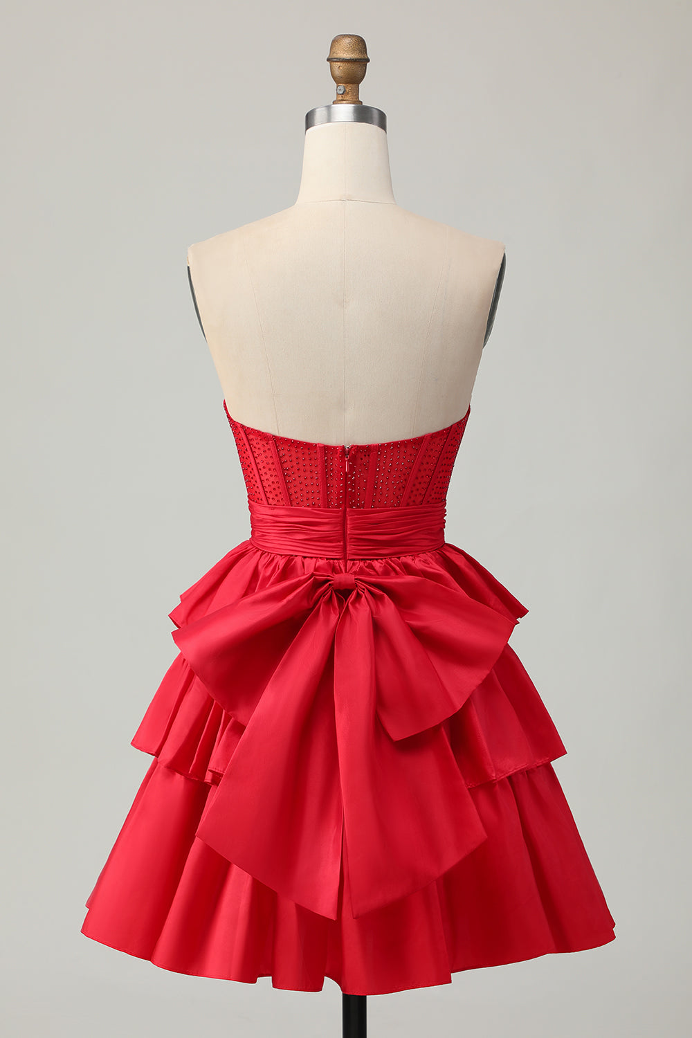 Red Strapless Beaded A Line Tiered Corset Homecoming Dress with Bow