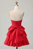 Red Strapless Beaded A Line Tiered Corset Homecoming Dress with Bow