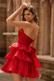Red Strapless Beaded A Line Tiered Corset Homecoming Dress with Bow