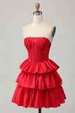 Red Strapless Beaded A Line Tiered Corset Homecoming Dress with Bow