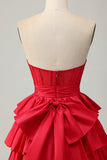 Red Strapless Beaded A Line Tiered Corset Homecoming Dress with Bow