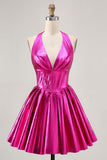 Metallic Fuchsia Halter Pleated A Line Homecoming Dress
