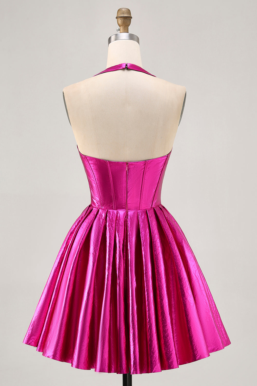 Metallic Fuchsia Halter Pleated A Line Homecoming Dress