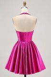 Metallic Fuchsia Halter Pleated A Line Homecoming Dress
