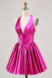 Metallic Fuchsia Halter Pleated A Line Homecoming Dress