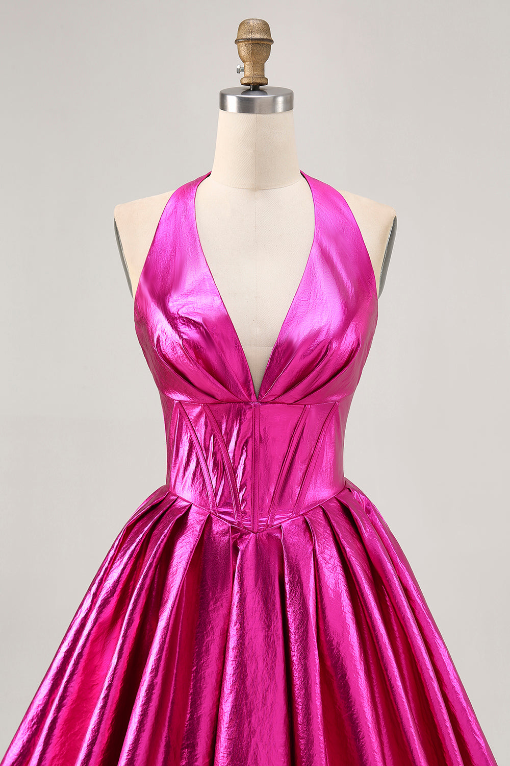 Metallic Fuchsia Halter Pleated A Line Homecoming Dress