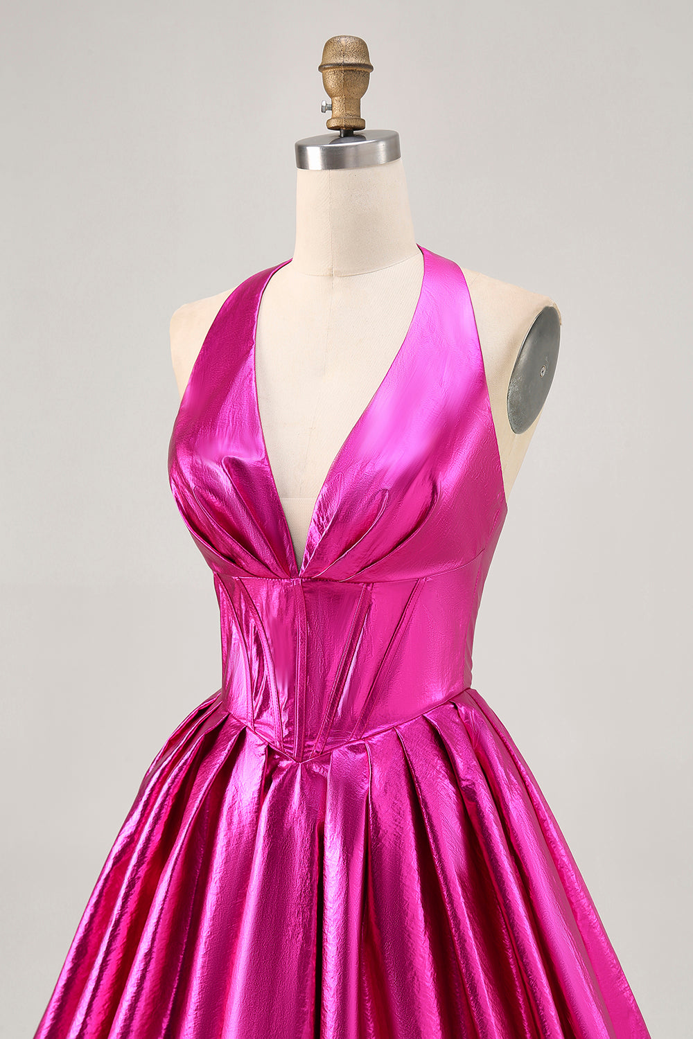 Metallic Fuchsia Halter Pleated A Line Homecoming Dress