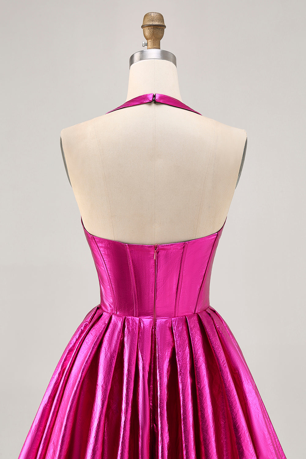 Metallic Fuchsia Halter Pleated A Line Homecoming Dress