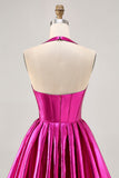 Metallic Fuchsia Halter Pleated A Line Homecoming Dress